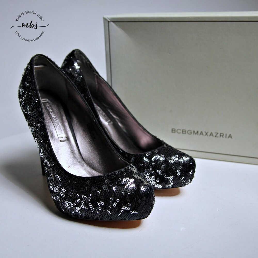 BCBGMaxAzria Savannah Two Tone Sequin Heels in Black Women Size 6.5